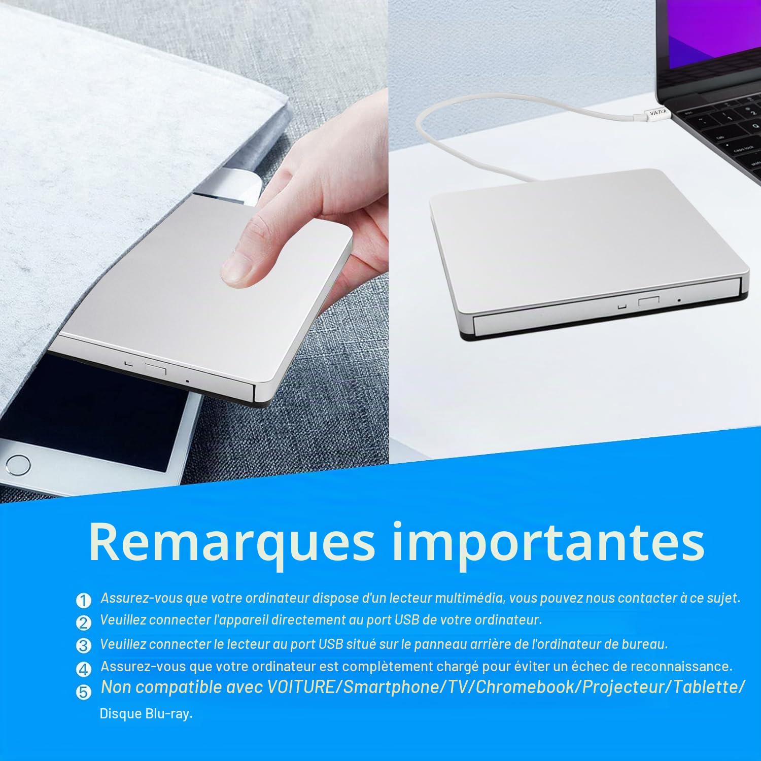 Lecteur DVD CD Externe USB-C SuperDrive Portable Lecteur/Graveur de DVD CD pour Apple - MacBook Air/Pro/iMac/Mini/MacBook Pro/ASUS/Dell/Ordinateur Portable avec Port USB-C Plug and Play