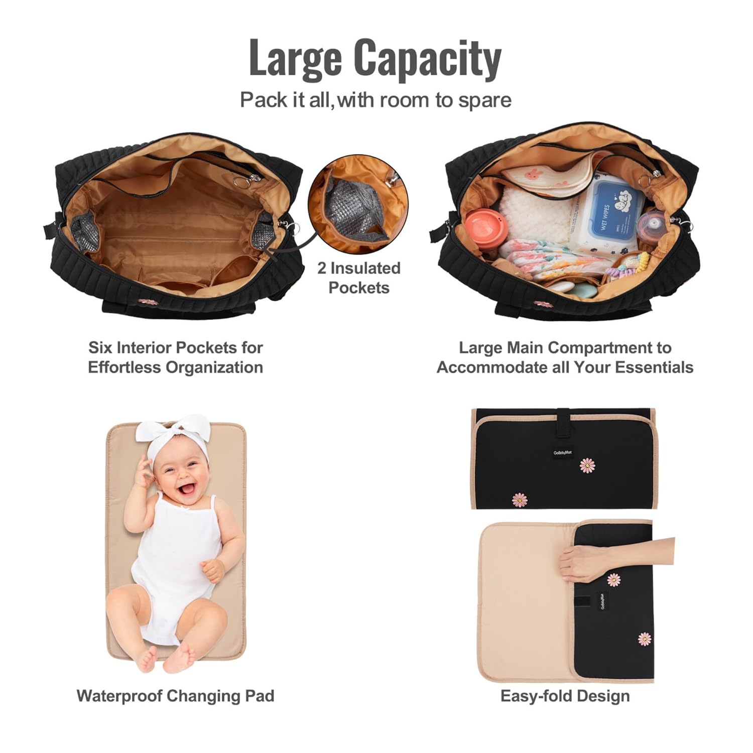 Large Diaper Bag Tote, Maternity Hospital Travel diaper tote, Multifunction baby bag, Baby Nappy Bags, Messenger bag (Medium - Black Flowers) image 5 of 9 B0DTP7FJ7T