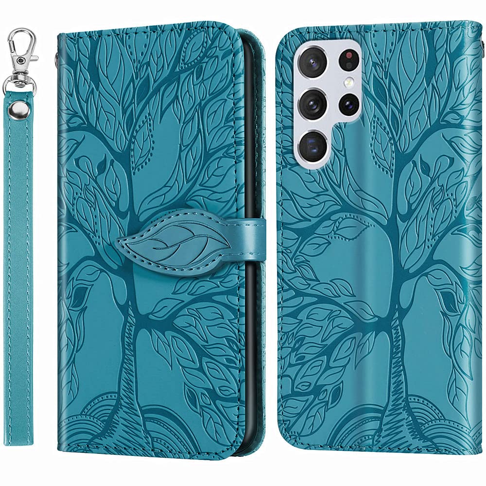 MEUPZZK Samsung Galaxy S23 Ultra Case, Samsung S23 Ultra 5G Wallet Case, Embossed Tree Premium PU Leather [Kickstand] [Card Slots] [Wrist Strap] [6.8