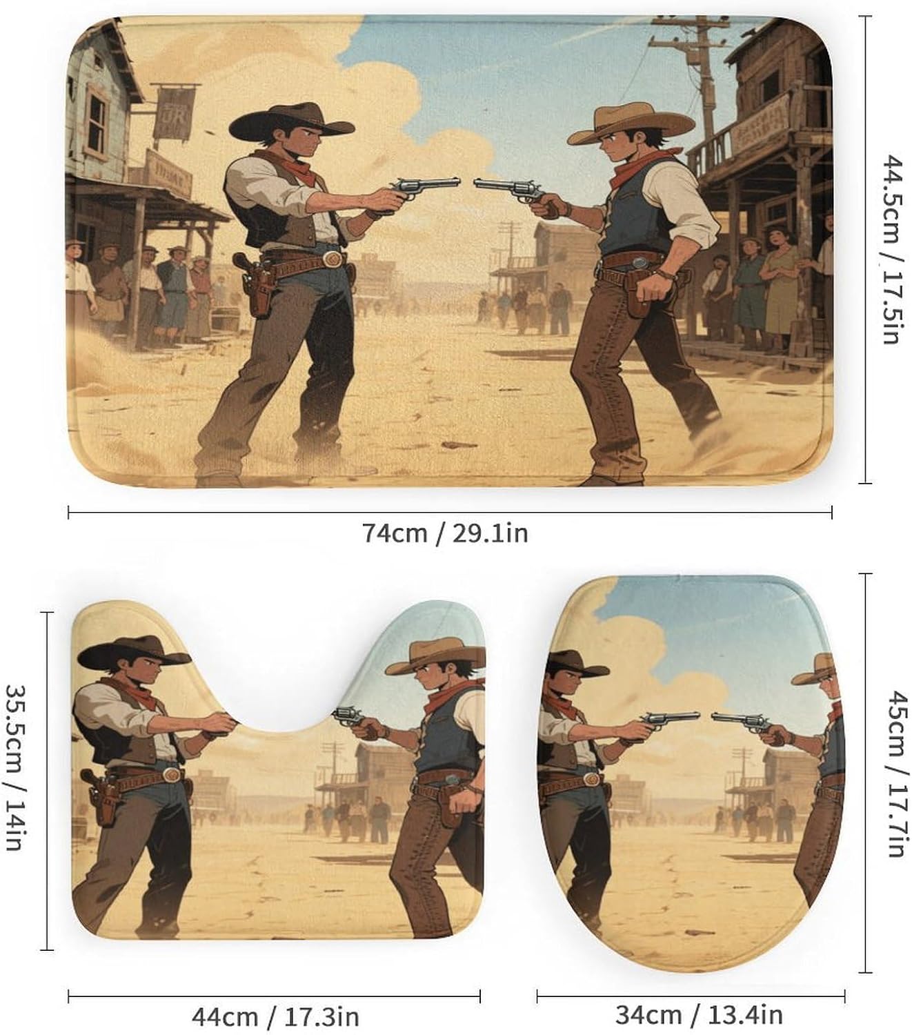 Cowboy Duel Bath Rug Set 4 Piece,Bathroom Accessories Set-Toilet Rugs U Shaped,Toilet Lid Cover,Shower Curtain and Rugs,Ultra Soft, Absorbent,Home Decor