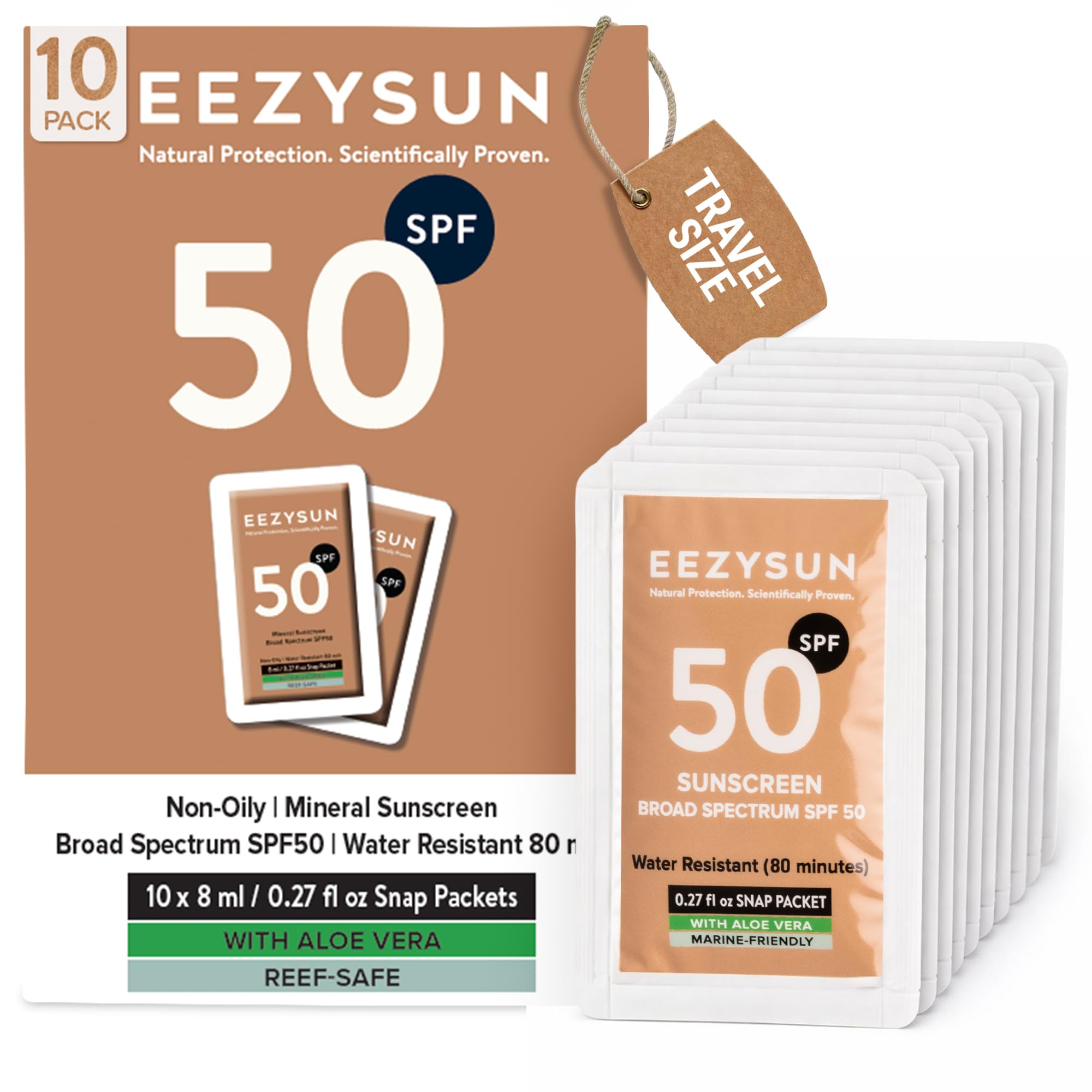 Mineral SPF 50 podróżne opakowanie z filtrem przeciwsłonecznym, 10 szt., nasycone aloesem, wegańskie i bezpieczne dla raf, szerokie spektrum, nietłuste i naturalne, z ochroną UVA/UVB, 0,27 FL OZ na