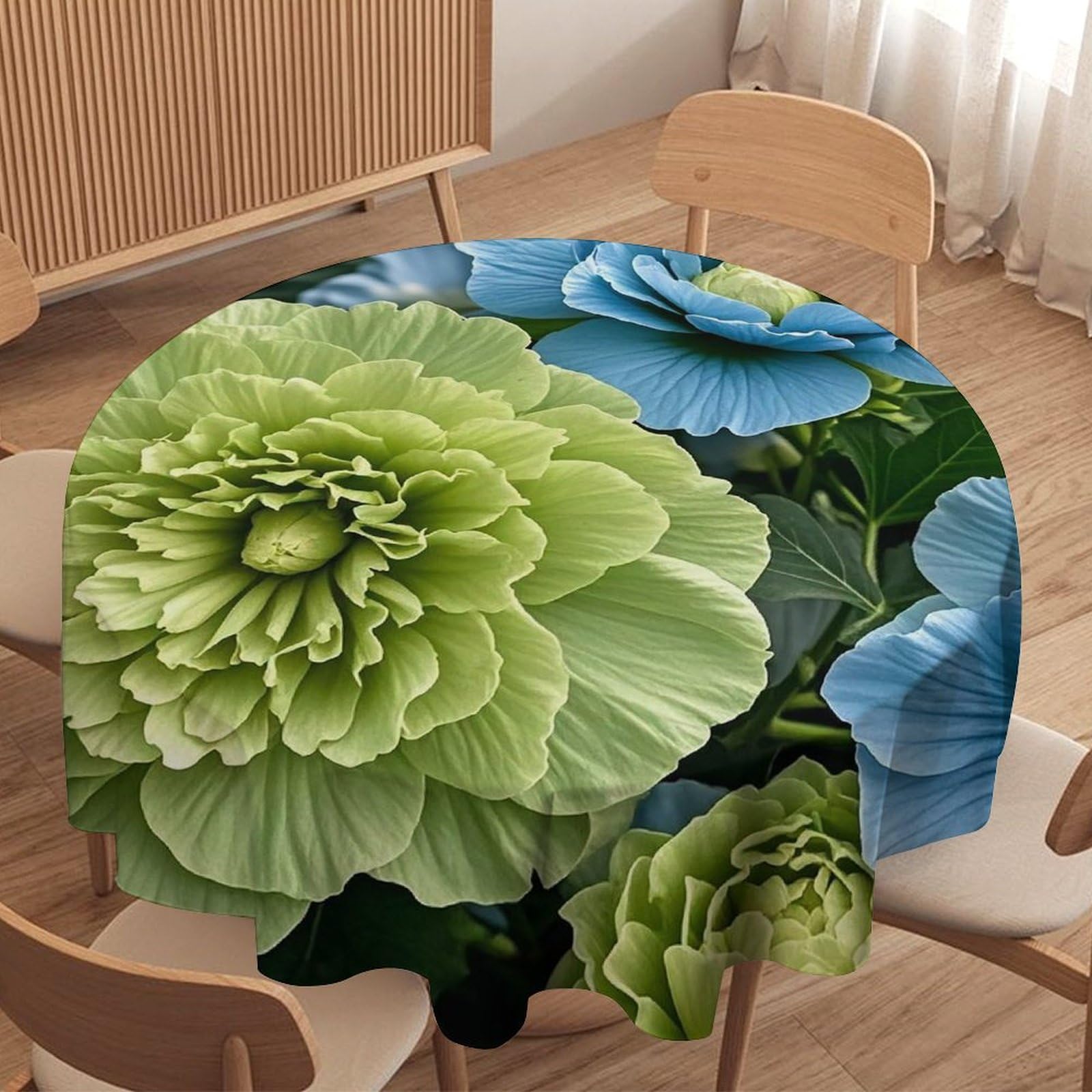 Nappe ronde hibiscus verte et bleue lavable pour table de cuisine et décoration festive