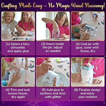 Pinwheel Crafts Fairy Lantern Night Light Kit for Kids Ages 6-12 | 1 jar, built-in LED lid light with on off switch, glitter, choice of fairies, instructions, bedroom and garden decor
