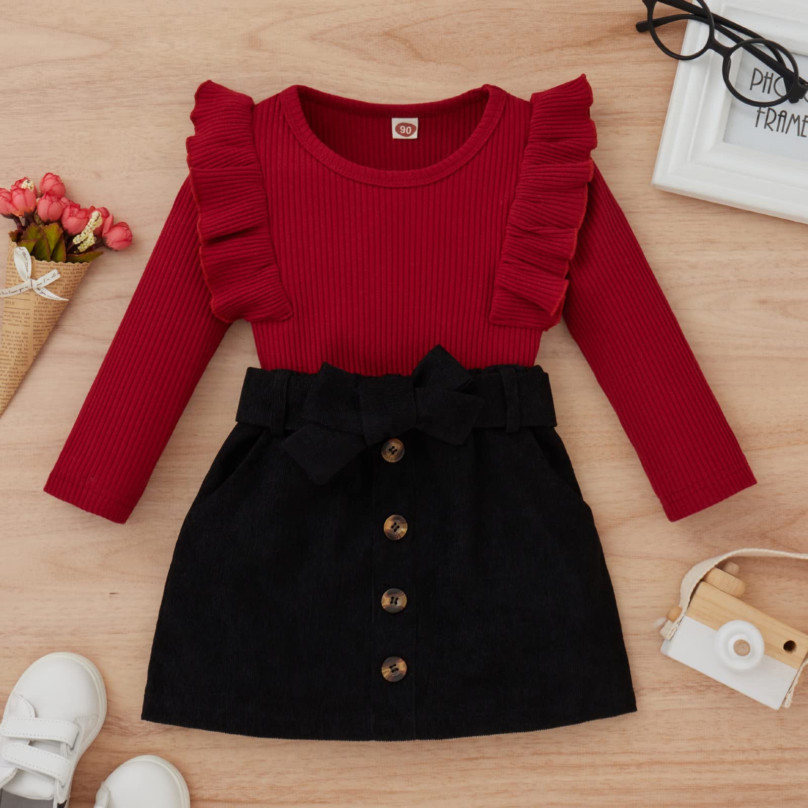 Toddler Baby Girl Clothes Set Long Sleeve High Neck Knitted Shirt Sweater Top and Plaid Skirt Set 2Pcs Fall Winter Outfits (Red Wine Top Black Skirt, 3-4T)