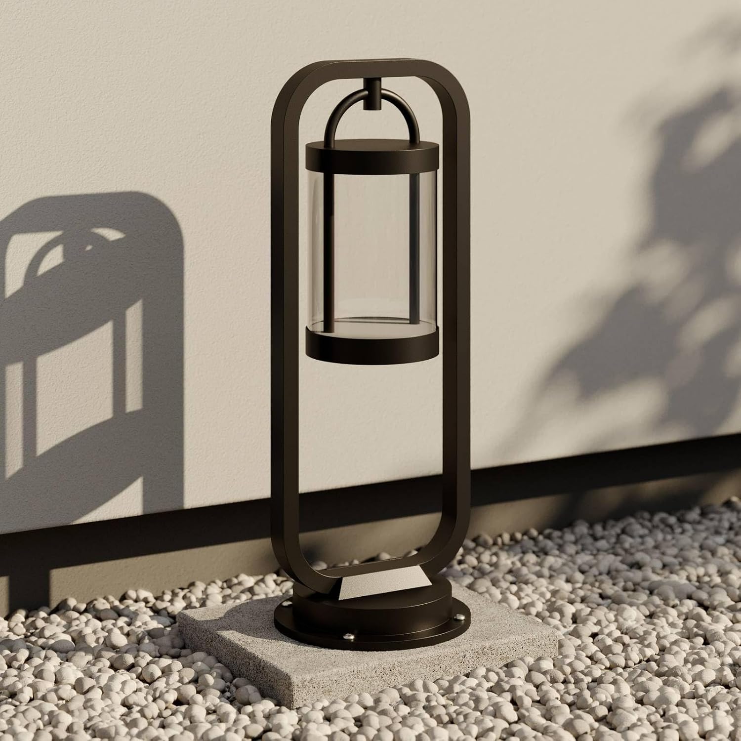 Close-up of the Lucande Caius LED Outdoor Path Light's illuminated top section.
