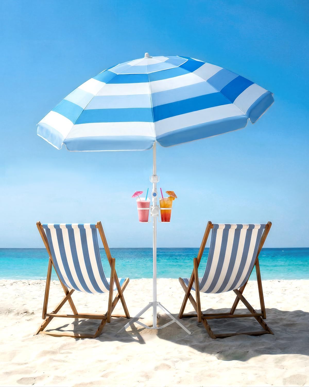 paramondo Portable Beach Umbrella with Cup Holder - 6.5FT Blue and White Striped Sun Umbrella, Adjustable Aluminum Alloy Pole, Windproof & UV Protection for Sand, Patio, and Backyard, Solid Blue