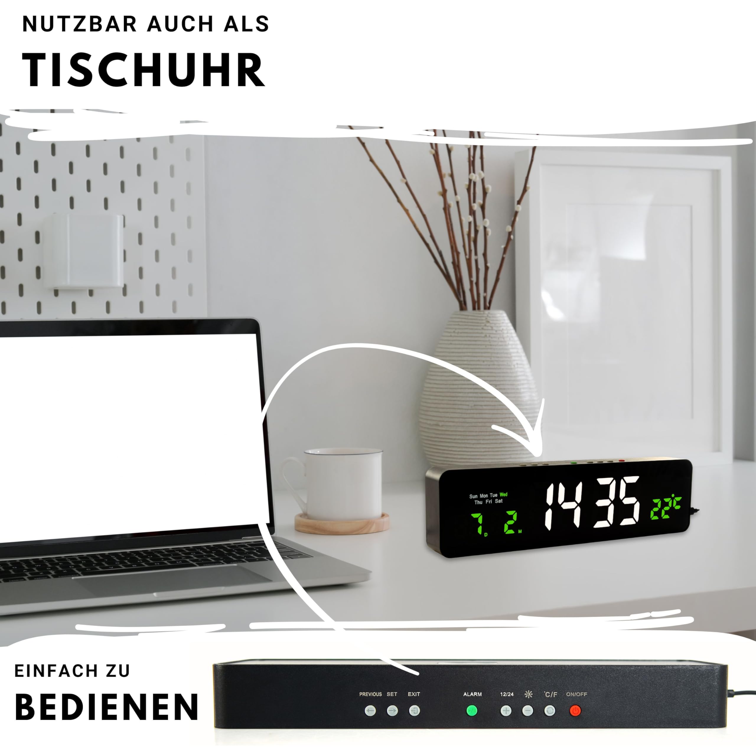 Wanduhr Digital, LED Tischuhr mit Temperaturanzeige, Wecker Snooze, 12/24-Stunden-Anzeige, LED-Uhr, USB-C Uhr mit Datumsanzeige (Weiß Grün)