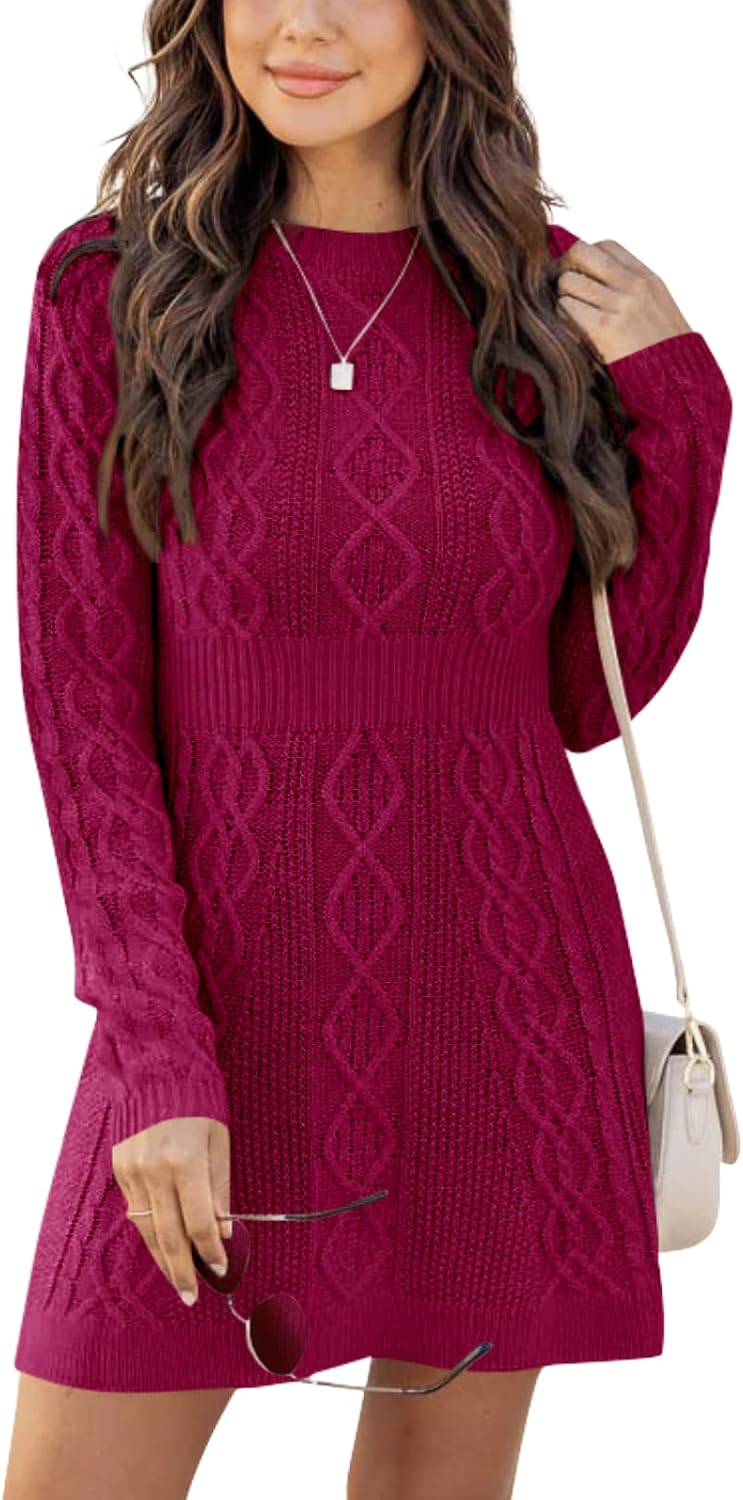 Ebifin Robe En Tricot Pour Femmes, Col Rond, Tricot Pull-over, Robe élégante, Tunique, Pull-robe, Robe D'hiver, Sweat-shirt, A-ligne, Mini Robe., Beige, XS
