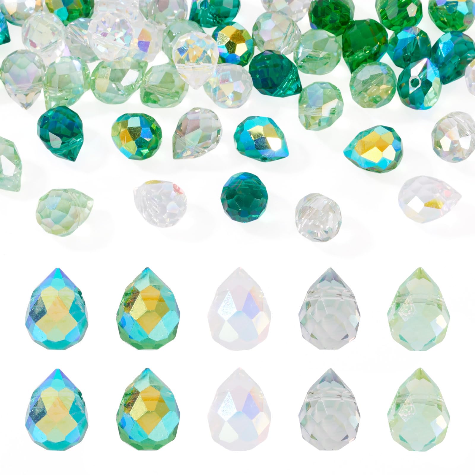 Cheriswelry 50Pcs Green Faceted Glass Teardrop Beads Electroplate Top Drilled Teardrop Spacer Beads Water Drop Chandelier Crystal Pendants for Jewelry Making DIY Earrings Necklaces Bracelets