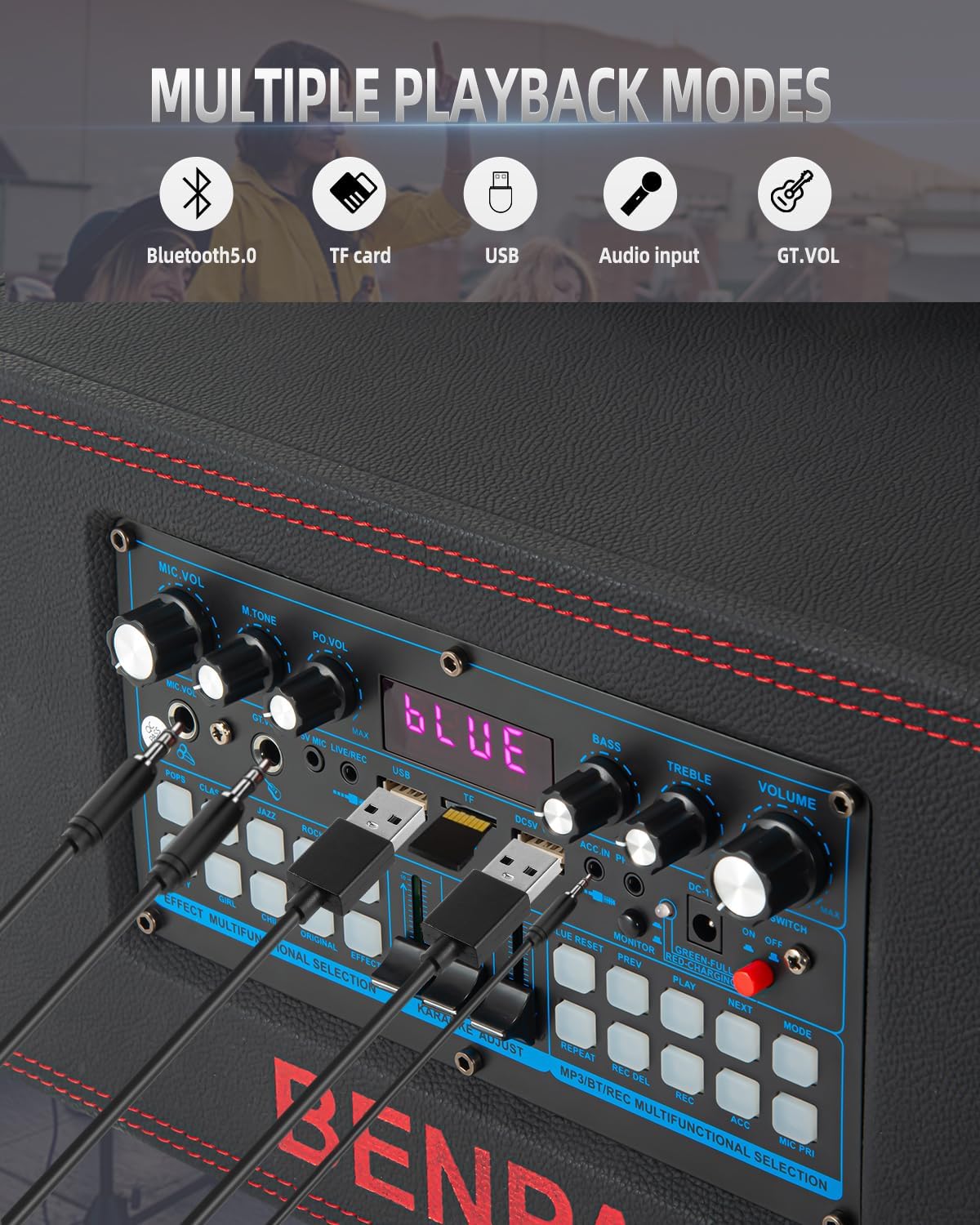 Close-up of the BENPAL K2 Karaoke Machine's control panel showing USB and AUX cables connected, illustrating multiple playback modes including Bluetooth 5.0, TF card, USB, audio input, and guitar/instrument input.