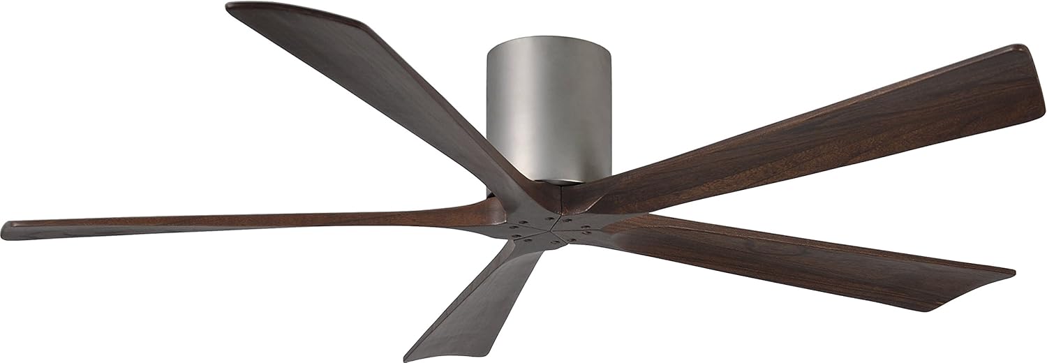 Matthews IR5H-BN-WA-60 Irene Damp Rated 60" Flush Mount Ceiling Fan with Remote & Wall Control, Silent DC Motor, 5 Walnut Tone Solid Wood Blades, Brushed Nickel