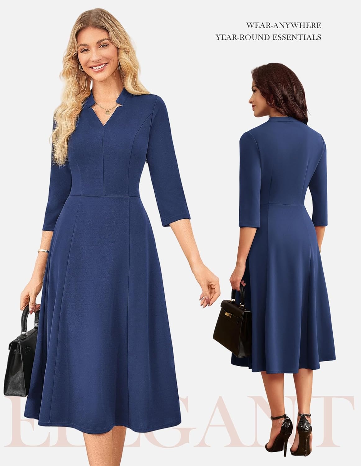 GRACE KARIN Work Dresses for Women 2025,Midi Business Dress,3/4 Sleeve Classy Fit and Flare Dress with Pocket - Image 4