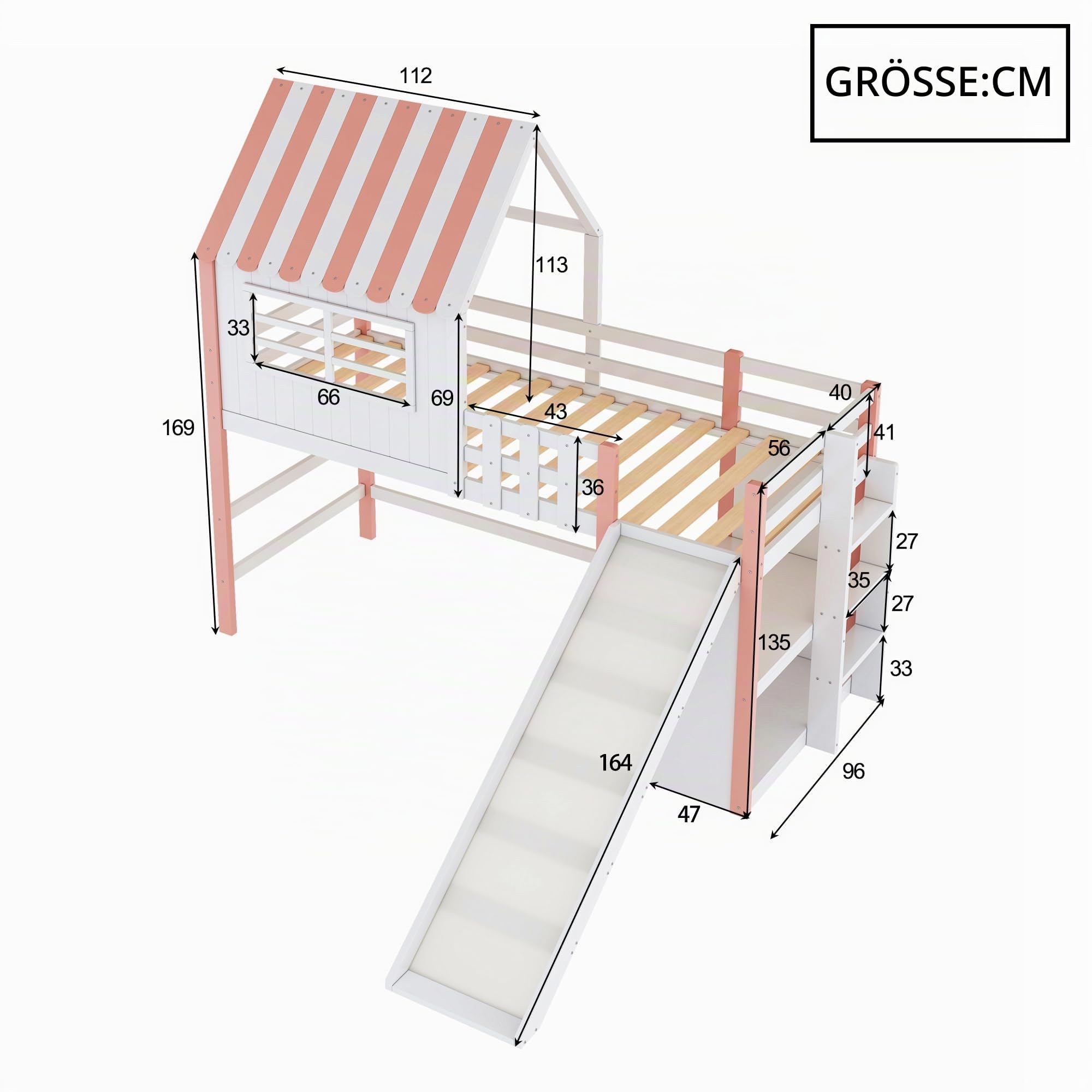 Dolamaní Kinderbett Etagenbett 90x200 cm mit Stauraum Regal und Rutsche, Hochbett mit Rausfallschutz, Holzbett mit Lattenrost, Hausbett mit Dach eines Hauses ohne Matratze (Rosa)