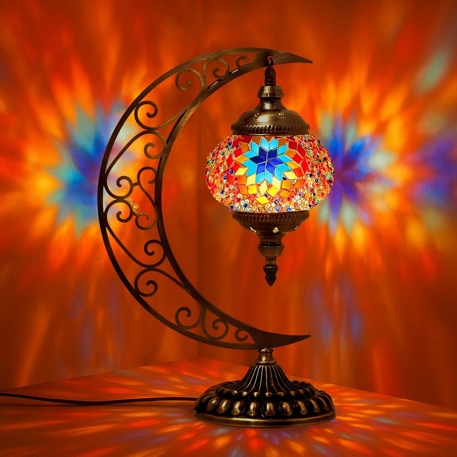 Hortsun Turkish Lamp Moon Shaped Moroccan Mosaic Table Light