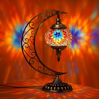 Hortsun Turkish Moon Moroccan Stained Glass Table Lamp - Vintage Bronze Base Globe Light for Home Decor