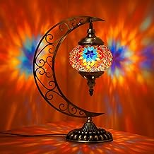Hortsun Turkish Lamp Moon Shaped Moroccan Lamp Turkish Mosaic Stained Glass Table Light with Bronze Base Colorful Moroccan Globe Light for Decorative Home Designs