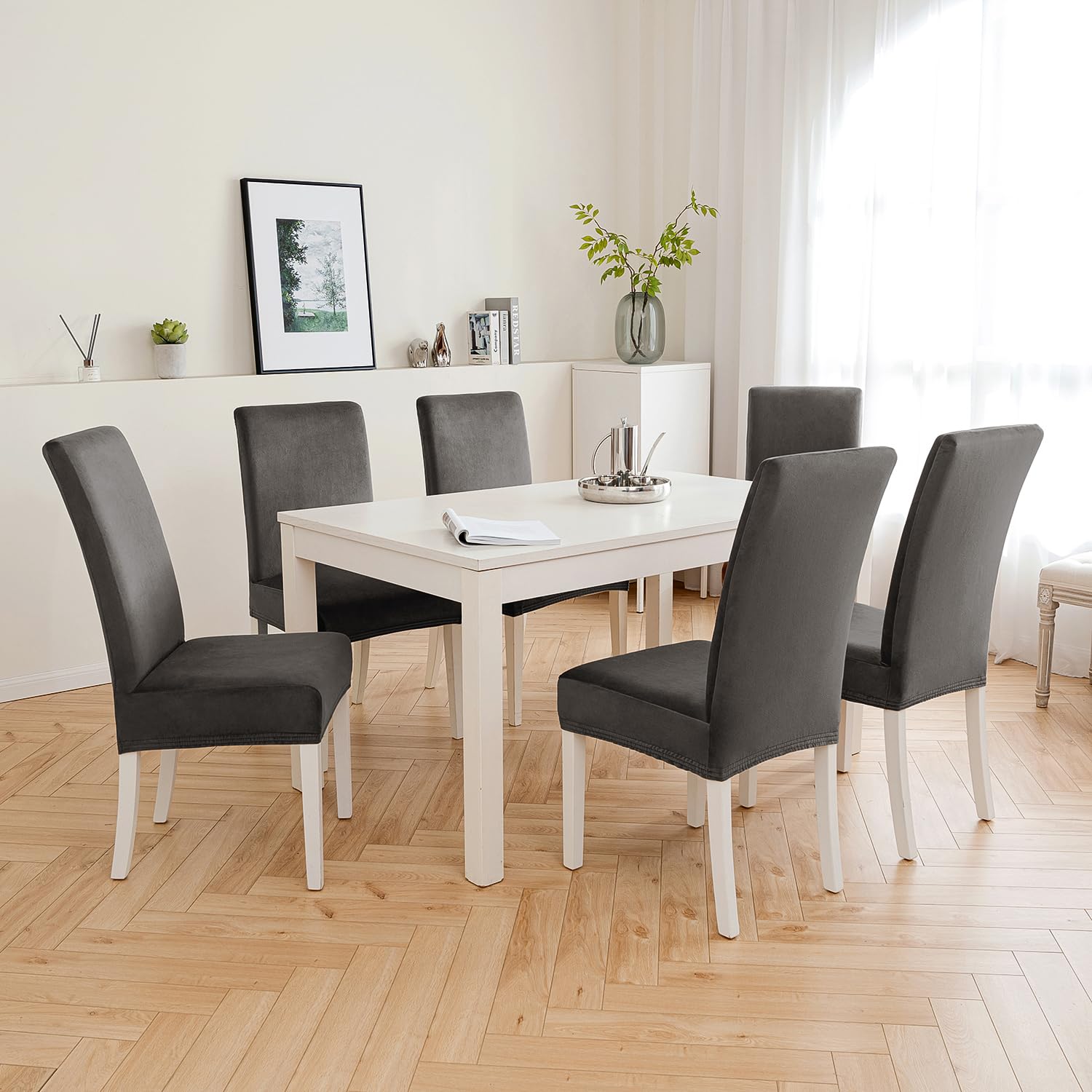 Pack De 4 Fundas Para Sillas De Comedor - Terciopelo Elástico Ajustable, Lavables, Beige, Decoración Moderna