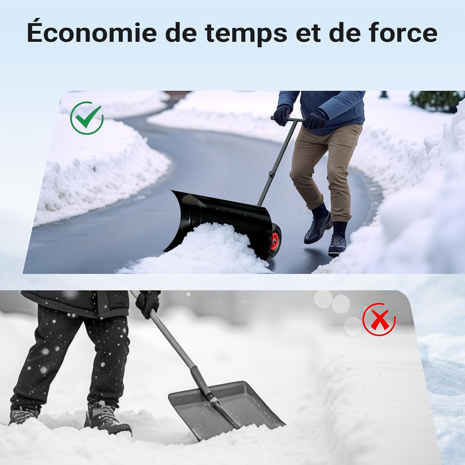 Comparison image showing the Wiltec snow pusher being used versus a traditional shovel