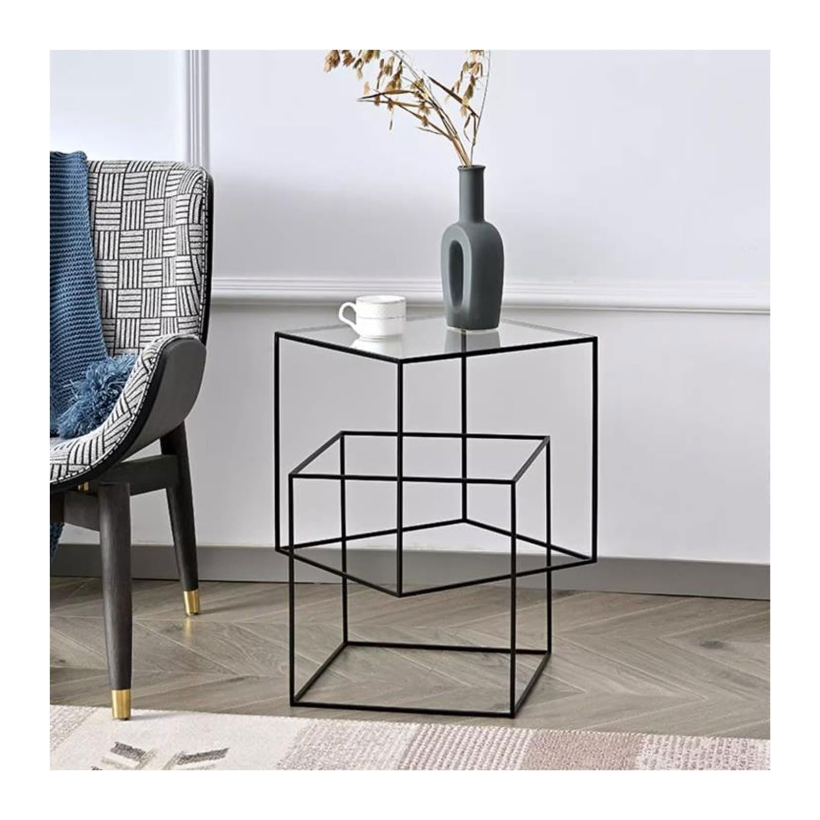 eexbz Sofa Square End Table, Narrow Side Table with Tempered Glass Tabletop and Metal Frame, Beside Sofa Side Table, Nightstand for Living Room, Bedroom, Balcony, and Office Sofas for Living Room