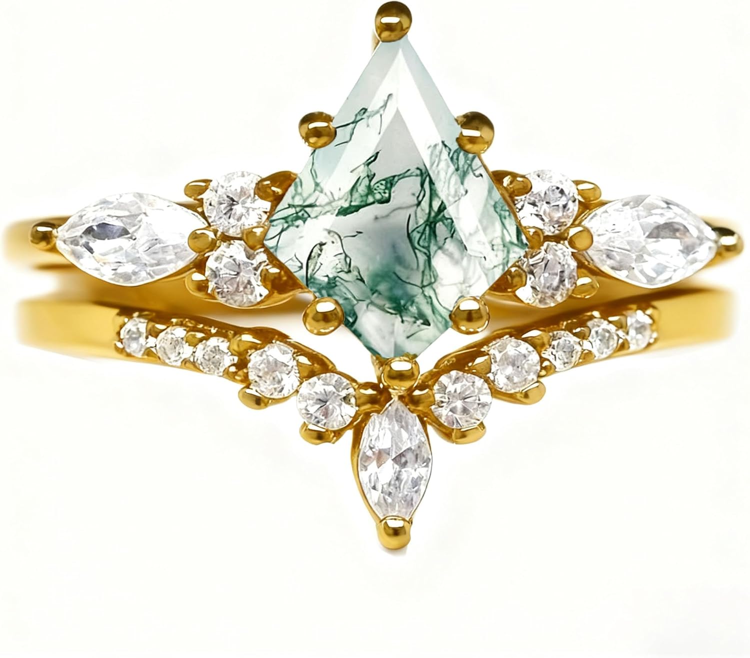 Natural Moss Agate Engagement Ring Set 925 Sterling Silver Bridal Ring Set for Her Jewelry Gift for Women Black Vintage Promise Rings Set