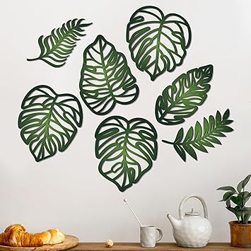 Namalu 7 Pcs Tropical Wall Decor Jungle Monstera Wall Art Boho Palm Leaf Wooden Decoration Tropical Nursery Decor Vintage Natural Monstera Leaf Plaque for Farmhouse Kitchen Bedroom GardenGreen