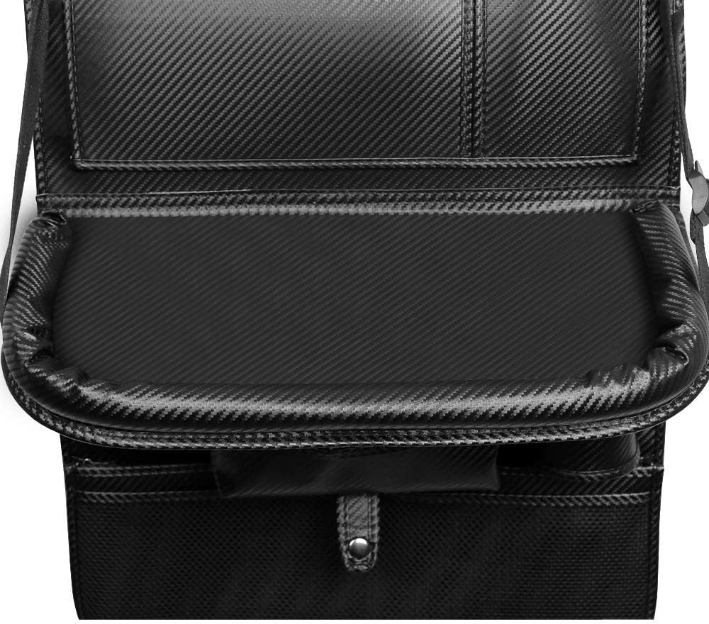 AUCD Back Seat Car Organizer with Tablet Holder and 4 USB Charging Port, Car Organizer for Kids Baby Toddlers Toy Bottles Storage Foldable Dining Table Family Road Trip Travel Accessories (Black)