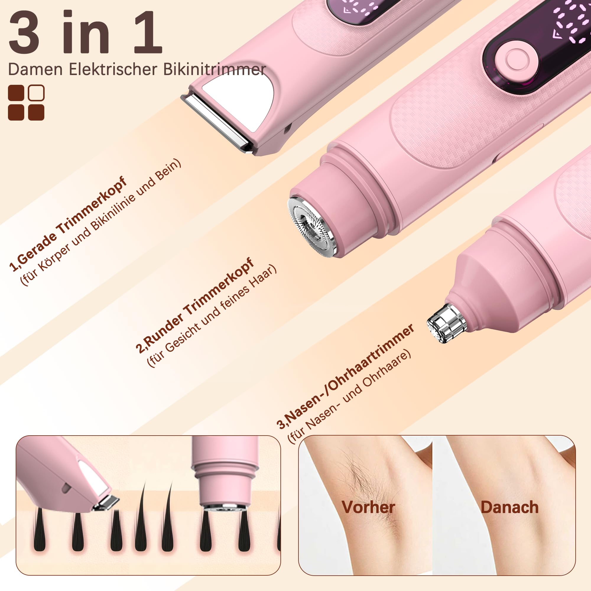 Elektrisch Rasierer Damen, 3-in-1- Elektrischer Trimmer Intimrasierer für Frauen, für Bikinizone Achseln Beine Gesicht mit LED-Anzeige, Wiederaufladbarer Damenrasierer Elektrisch Nass & Trocken, Rosa
