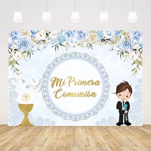 Vista 19 de Telón de fondo de bautismo de 7 x 5 pies para niño Mi Primera Comunión Bautizo Fotografía Fondo Dios bendiga Primera Comunión Banner Palomas Cáliz