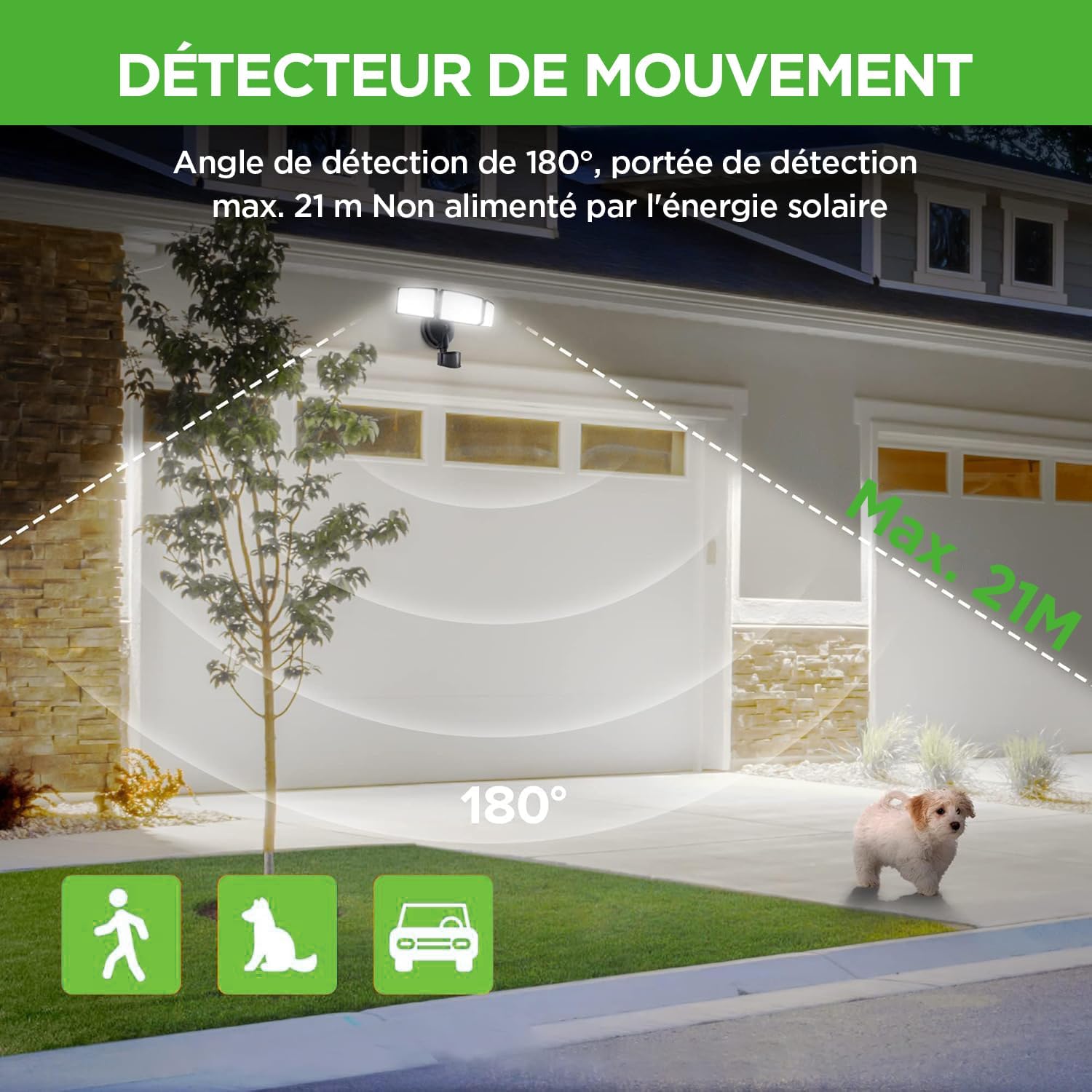 LUTEC Éclairage de sécurité LED 3 têtes avec détecteur de mouvement, 5000K lumière du jour - Mise en situation et utilisation