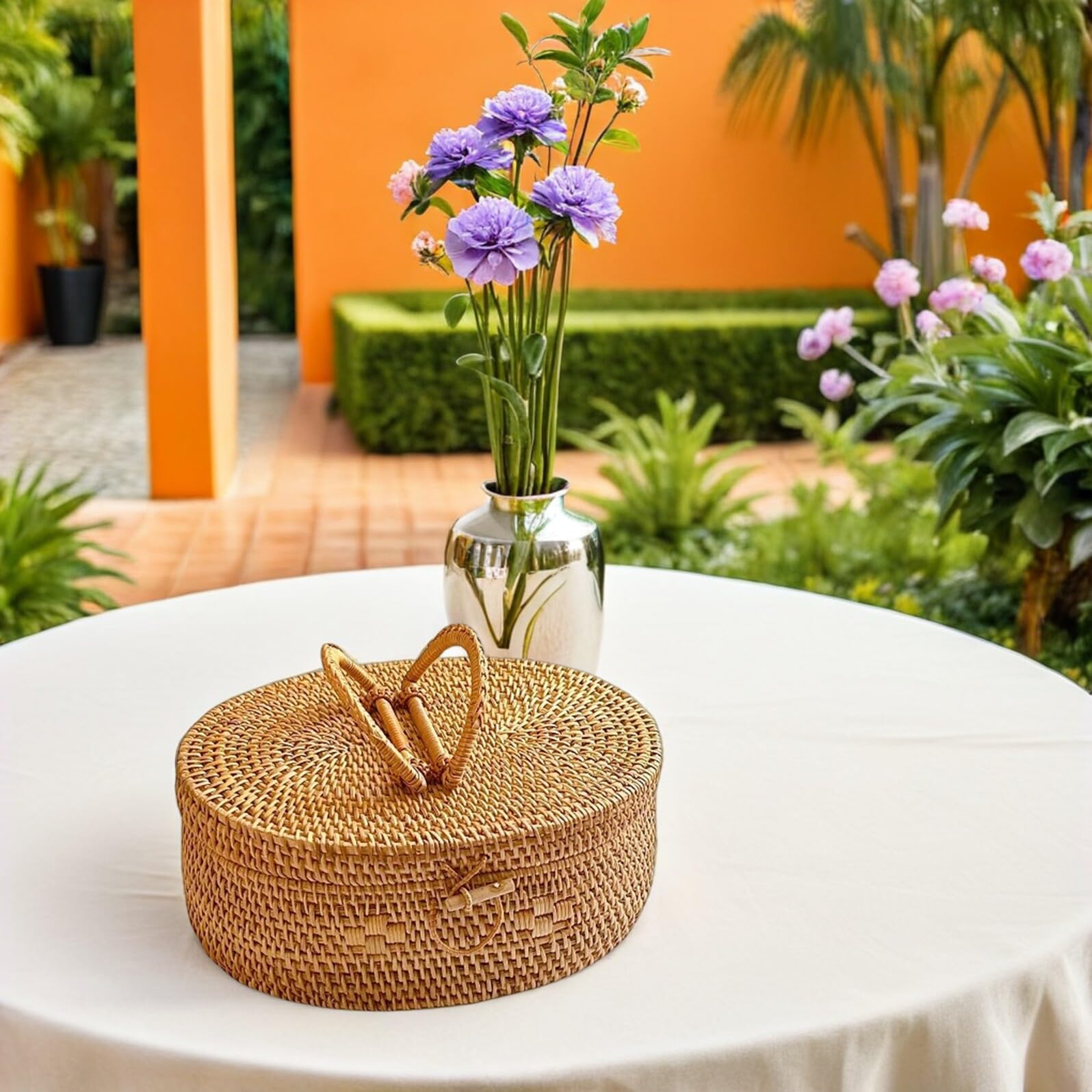Mipcase Cestino Porta Pranzo in Rattan Intrecciato a Mano con Coperchio e Manico Organizer Portaoggetti da Picnic per Esterni Scatola Snack Portatile 30X22X12 CM per Campeggio e Gite