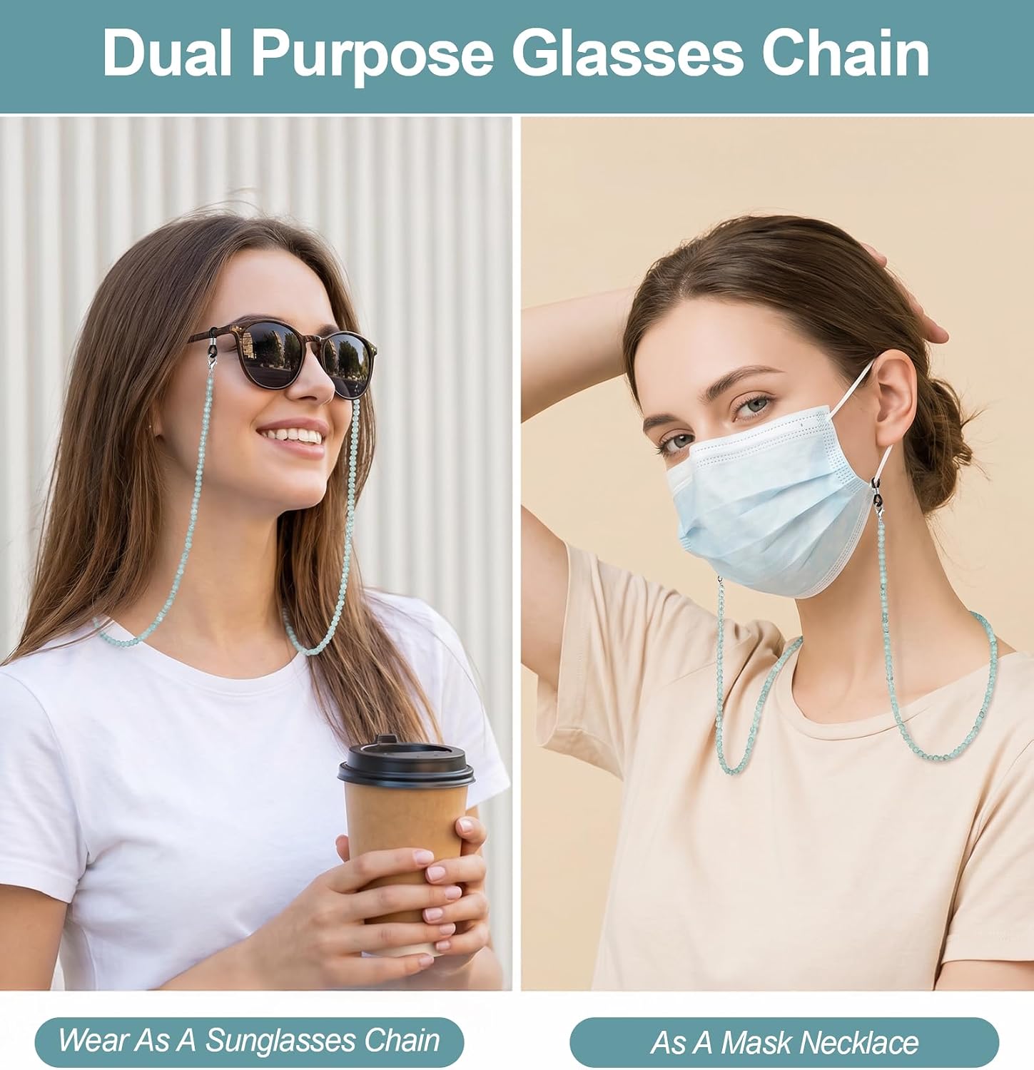 1 Pcs Beaded Eyeglass Chain, Eyeglasses Chain for Women Crystal Beaded Sunglass Retainer, Comfortable for Daily Reading, Travel or Work (Lake Blue)