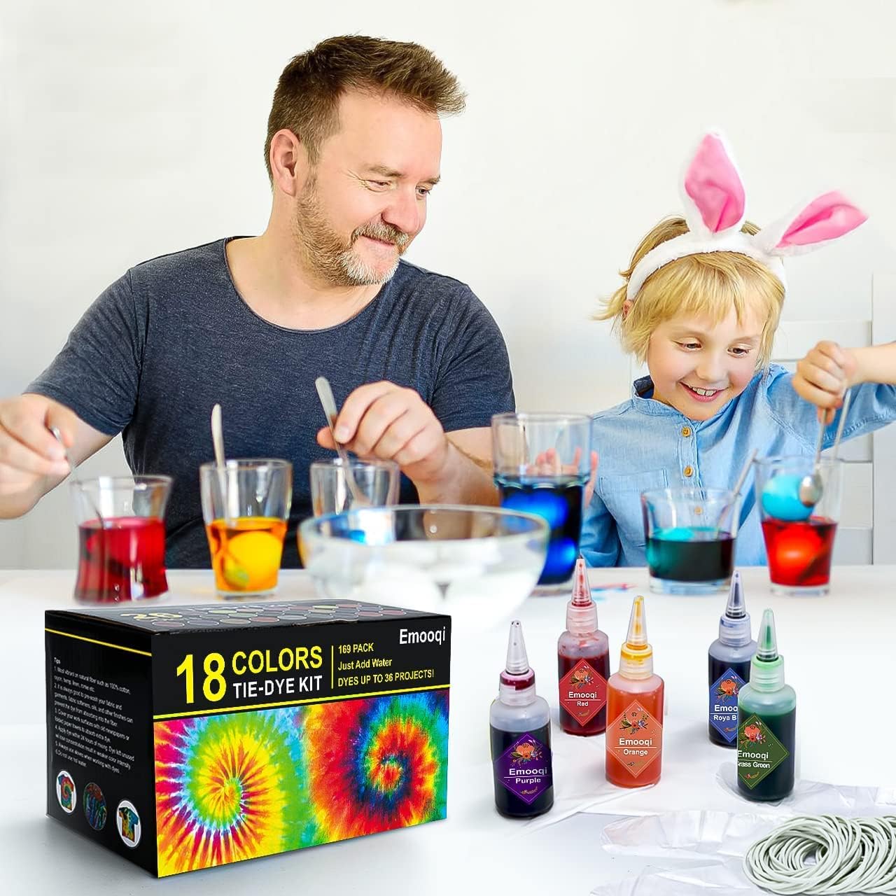 Tie Dye Kit, Emooqi 18 Colours All-in-1 Tie Dye Set with 36 Bag Pigments , Rubber Bands, Gloves, Apron and Table Covers for Craft Arts Fabric Textile Party DIY Handmade Project