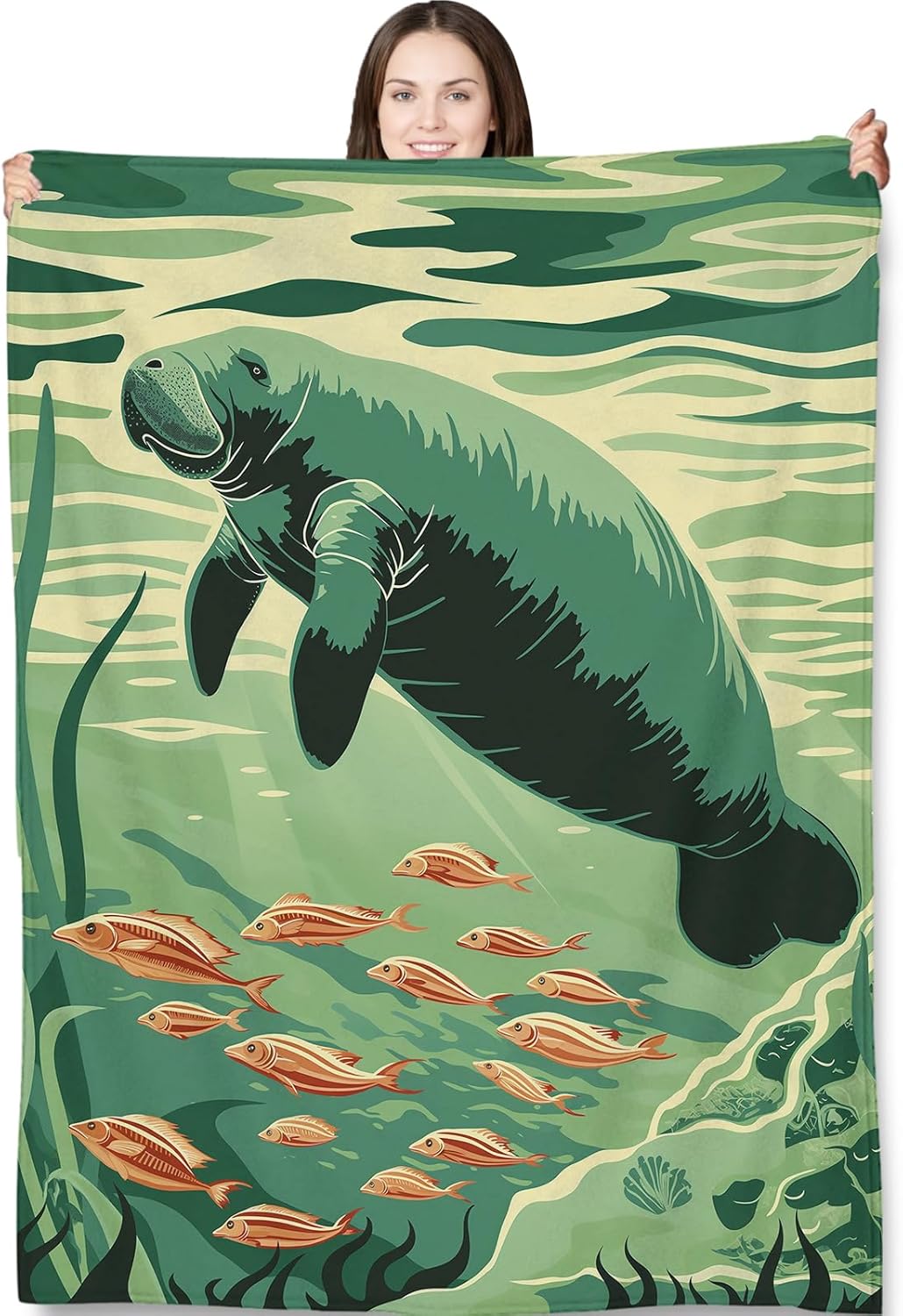 Manatee Underwater Blanket 50"x60", Manatee Plush Blankets, Ideal for Home Decor, Couch, Bed, Travel, for Adults and Kids, Green and Beige