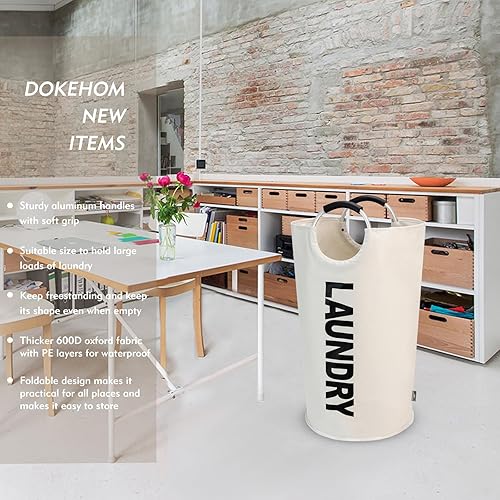 Miniatura 2 de DOKEHOM Cesta de lavandería grande de 90 L, bolsa de lavandería plegable, cesta de ropa alta independiente, contenedor de lavado plegable (beige)