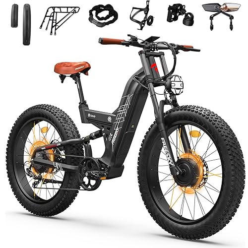 FREESKY 4000W Dual Motor Electric Bike for Adults, 48V 30AH Samsung Cells Battery 120Miles Range, 40MPH AWD Fast E-Bike, 26" Fat Tire Full Suspension Electric Mountain Bike, UL2849 Certified by TÜV