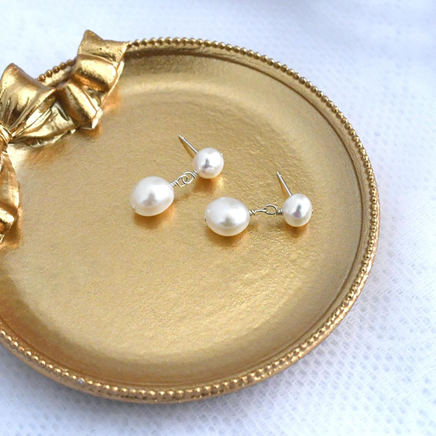 LOKILOKI 8-9mm White Baroque Double Pearl Drop Earrings for Women with 925 Sterling Silver Handmade Wedding Jewelry Gift