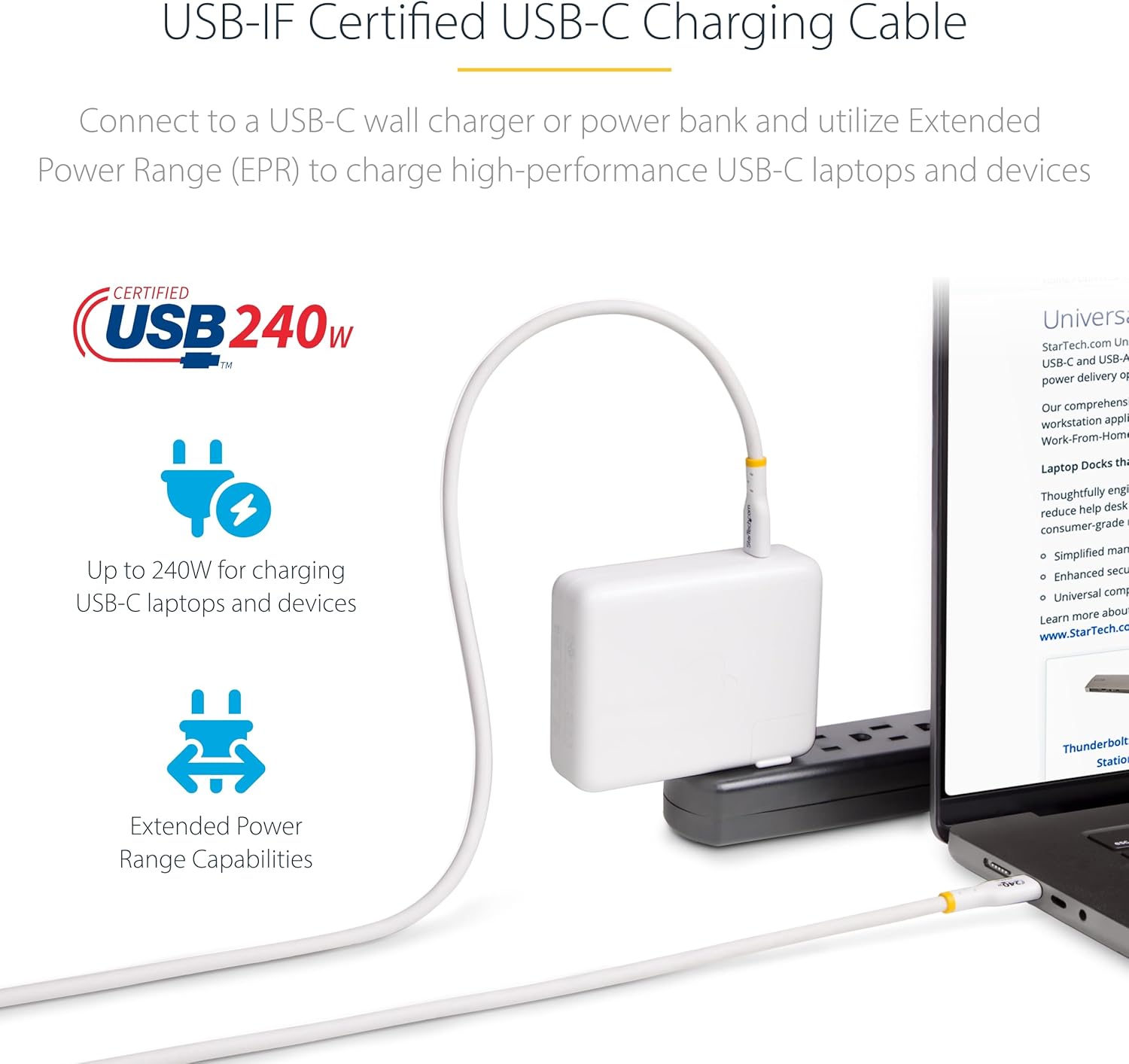 StarTech.com 13ft White USB-C Charging Cable, USB-IF Certified USB C Cable, 240W PD, USB 2.0 Type-C Laptop Charger Cord, M/M