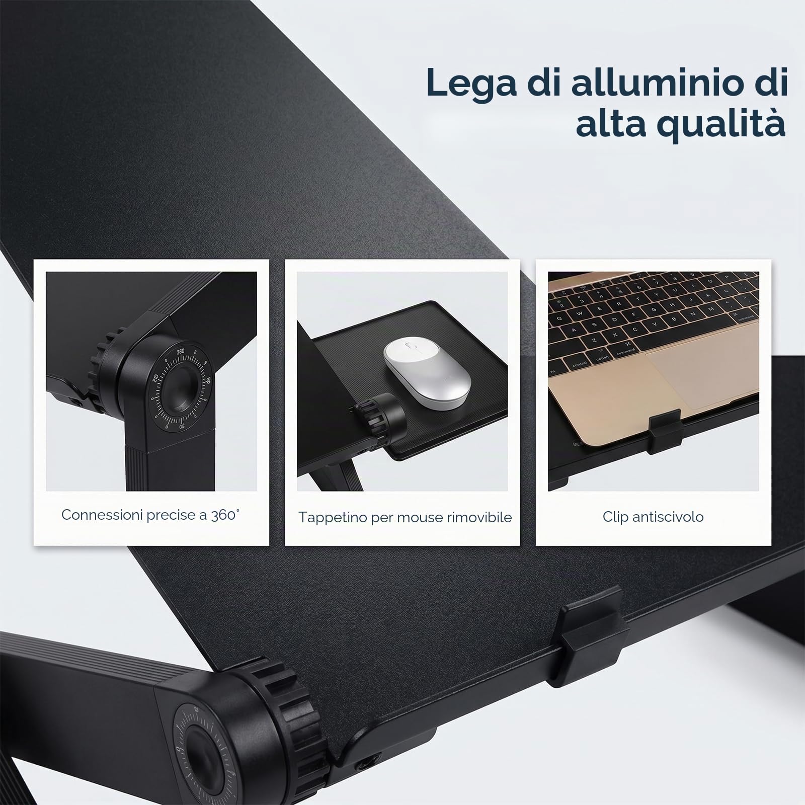 Ideal Swan Supporto PC Portatile Regolabile Laptop Stand Tavolino PC Regolabile Alluminio Supporto Notebook Computer con Pannello Porta Mouse per MacBook dell HP Samsung Lenovo Huawei - Nero