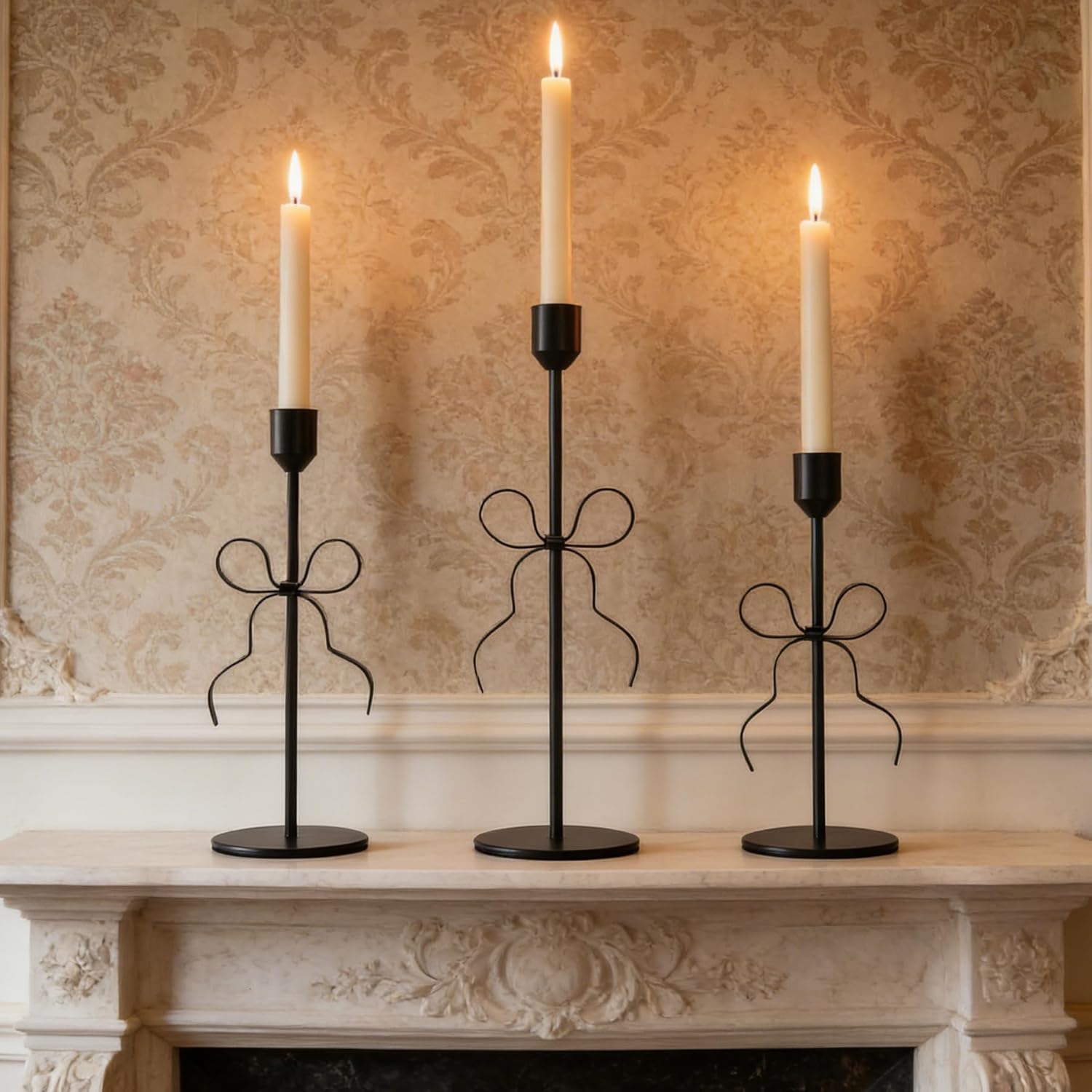 Bow Candle Holder - Bow Candlestick Holder Set of 3 Metal Gold, Modern Decorative Taper Candle Holder for Centerpiece Wedding Dining Table Holiday Housewarming Gift (Black)