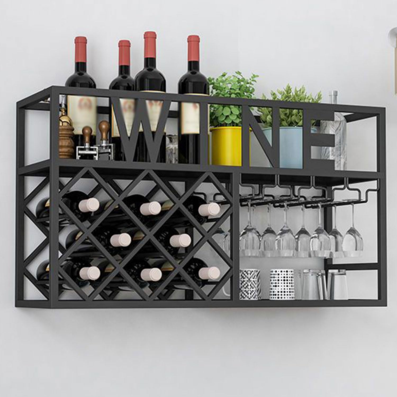 Étagère de stockage de vin et porte-verre mural suspendu multi-fonctionnel