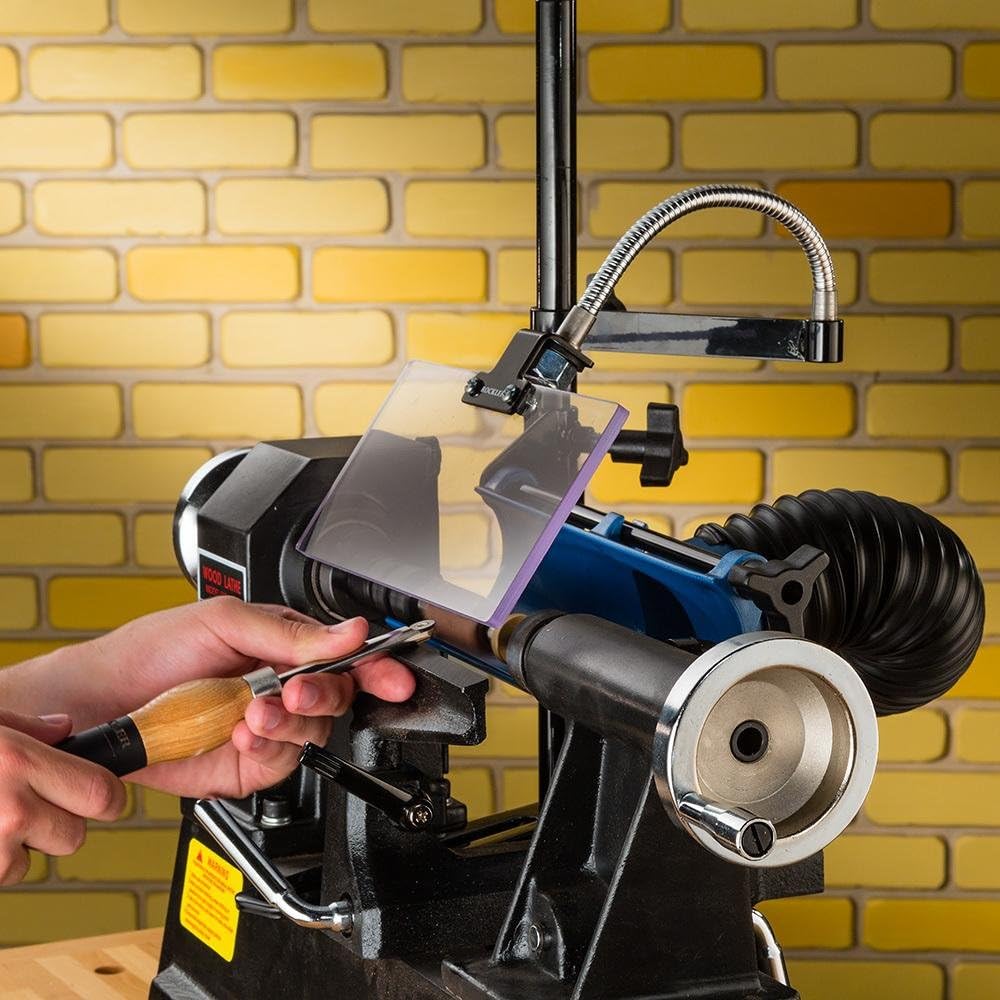 Rockler Dust Right Lathe Chip Deflector - Adjustable Polycarbonate Shield for Wood Lathe Dust Collection System - Attaches to Lathe Dust Hood to Redirect Chips, Reduce Mess & Improve Safety