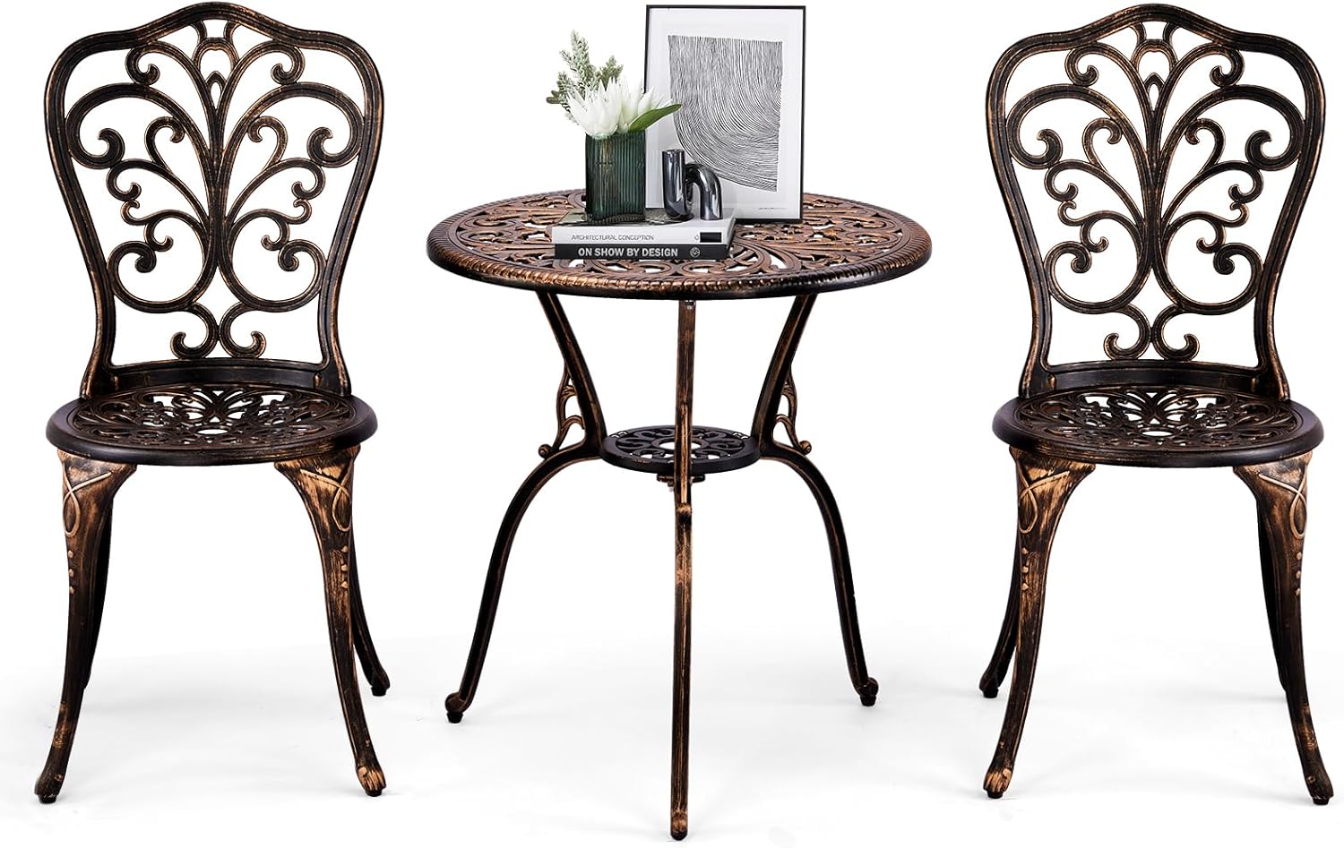 3 Piece Bistro Set Outdoor, Rust-Resistant Cast Aluminum Outdoor Bistro Table and Chairs Set of 2, with Butterfly Design and Umbrella Hole for Backyard, Garden, Balcony (Bronze)