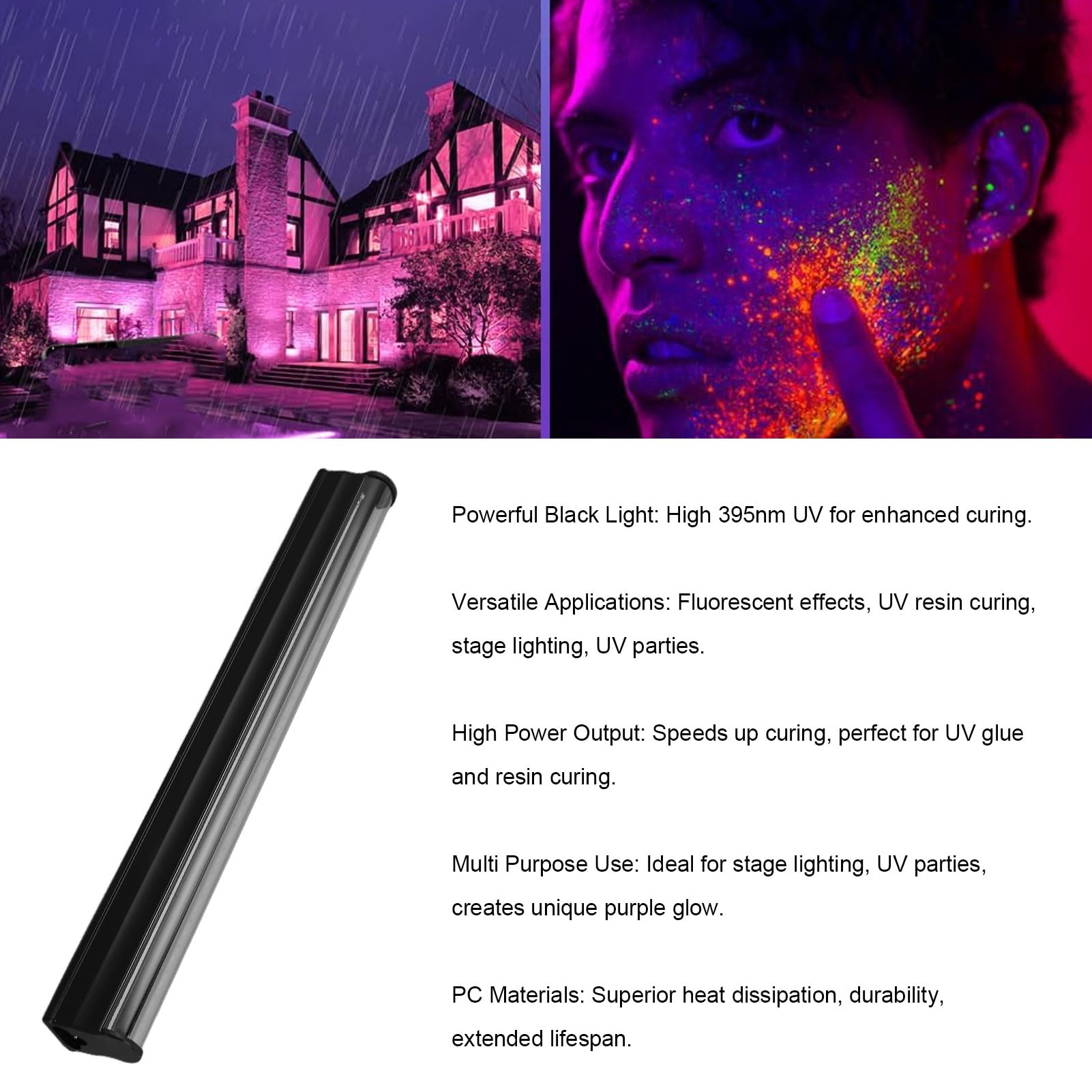 Gugxiom Potente Tubo de Luz Negra UV de 395 Nm, Alimentado por USB, 5 W, 24 LED, Perfecto para Escenarios de Fiesta Al Aire Libre, Efectos Fluorescentes y Curado de Resina