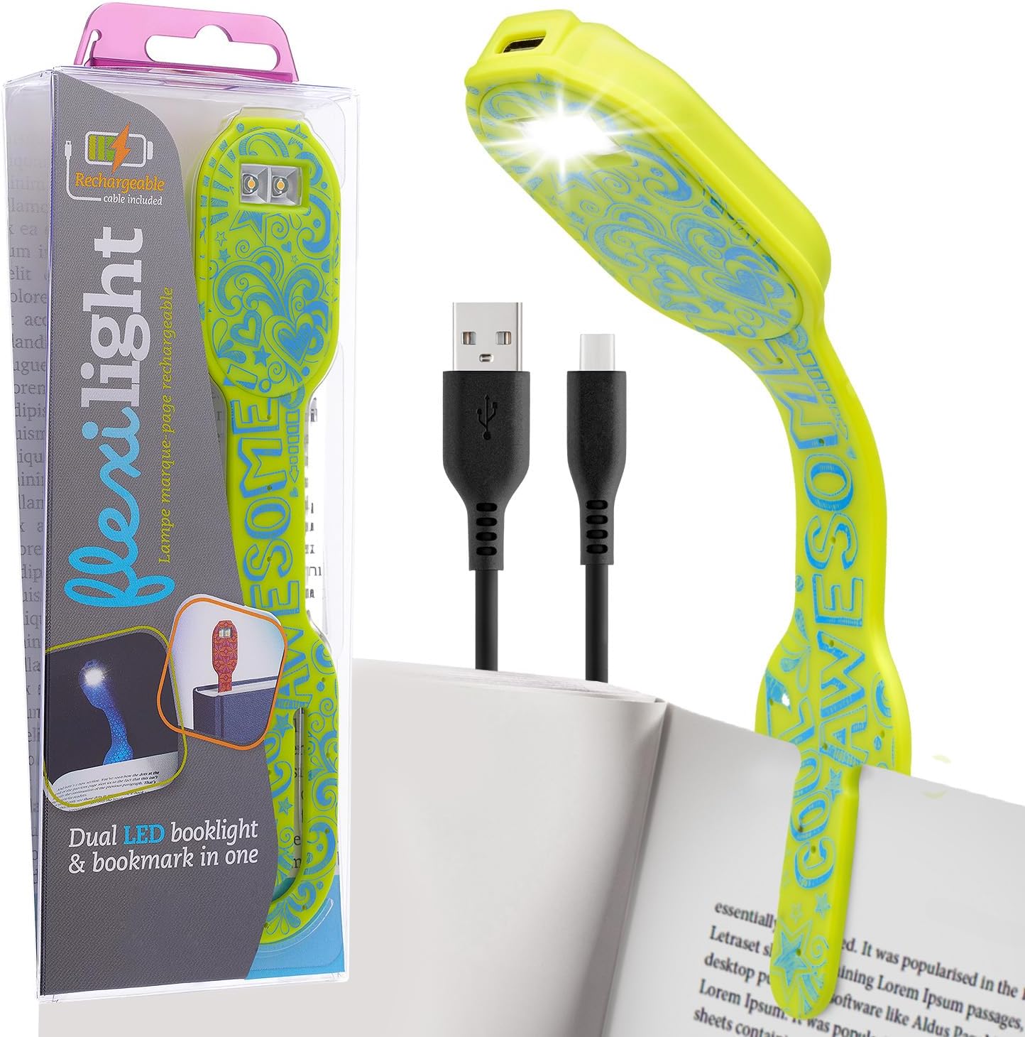 Gifts for Readers & Writers Rechargeable Book Light, Clip On Reading Light for Bed, 2in1 Flexilight & Bookmark, 12 Hours of Light Once Charged, Includes USB Cable & 2 LED Lights, Awesome