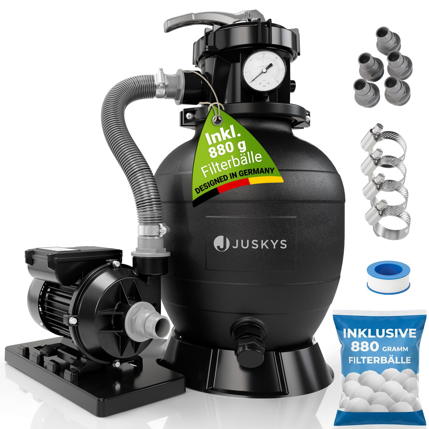 Juskys® Sandfilteranlage 400 W - Poolfilteranlage für 47.000 Liter, effiziente Filtration mit 7-Wege-Ventil, kompakt
