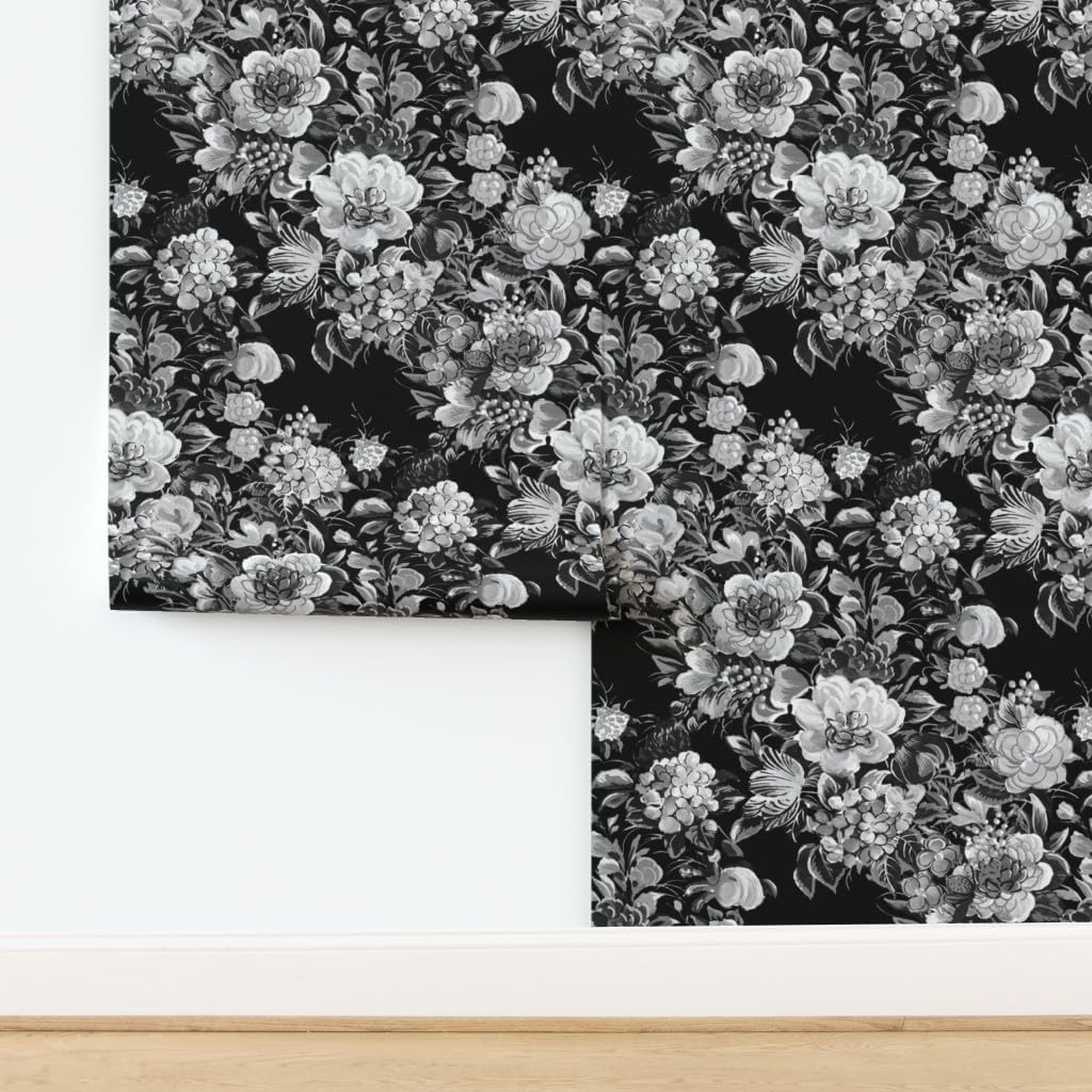Peel & Stick Wallpaper 3ft x 2ft - Mid Century Modern Flowers Cocktail Midnight 1950S Floral Black Custom Removable Wallpaper by Spoonflower