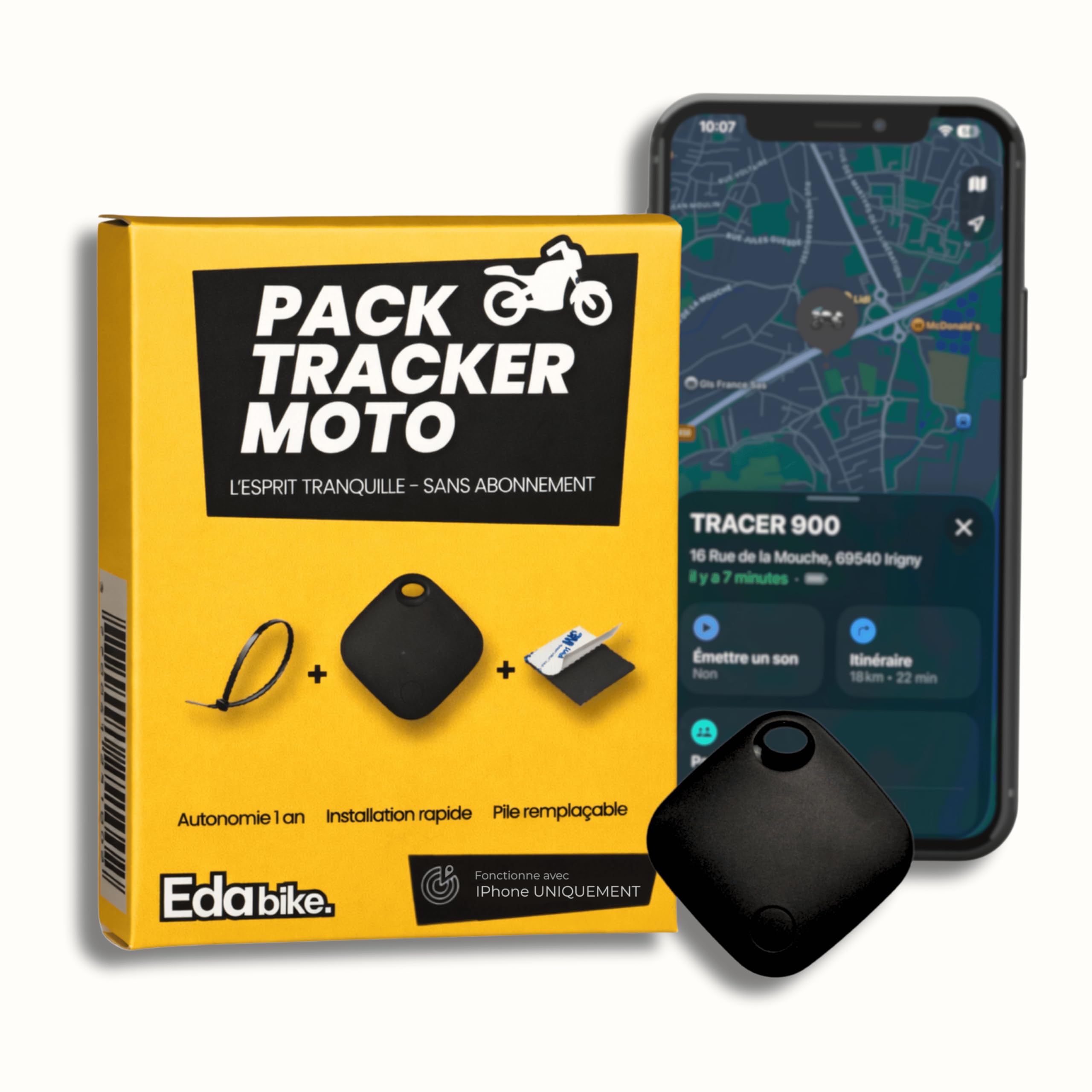 Pack Tracker Moto sans Abonnement – l'esprit Tranquille Eda Bike – Traceur Moto Discret – Pile Remplaçable 12 Mois – Kit d’Installation Inclus – Compatible iOS