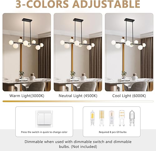 Miniatura 2 de Jonsi Lámpara de comedor sobre mesa, lámparas de mediados de siglo para comedor, candelabro moderno negro, 8 luces de globo lineal, lámpara de techo