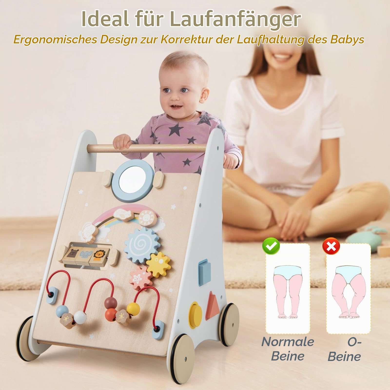 FANTASK 7 in 1 Lauflernwagen aus Holz, Lauflernhilfe mit Aufbewahrungsbox in Weiß, Montessori Baby Walker mit Spielbrett, Spiegel & Bauklötzen, Jungen und Mädchen ab 1 Jahr