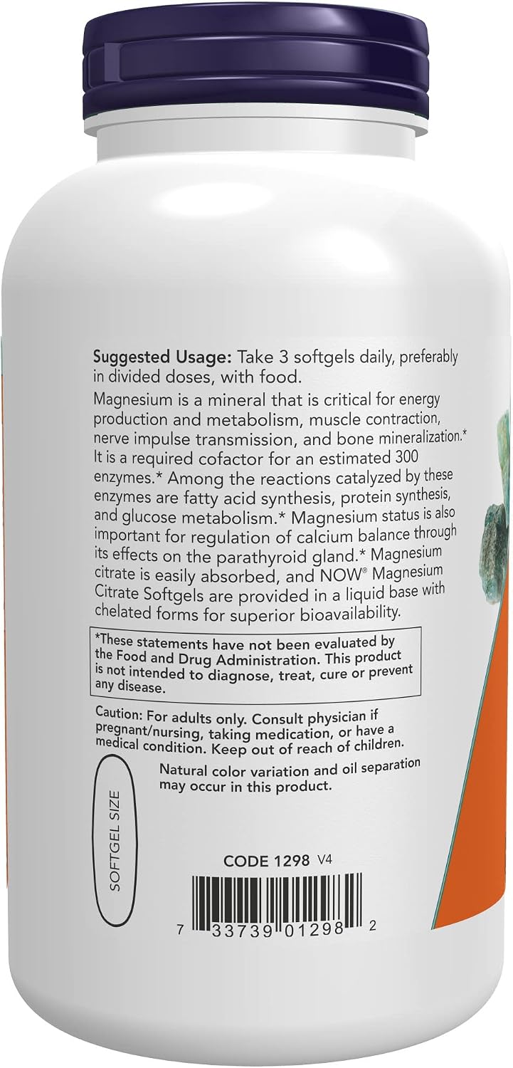 NOW Supplements, Magnesium Citrate, With Glycinate & Malate, Nervous System Support*, 180 Softgels